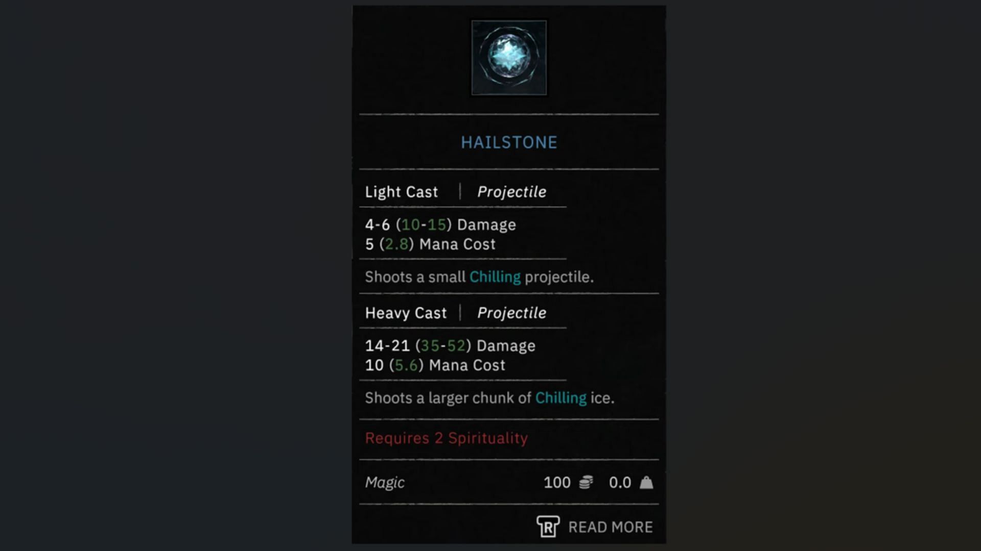 Hailstone spell stats in Tainted Grail The Fall of Avalon (Image via Awaken Realms)